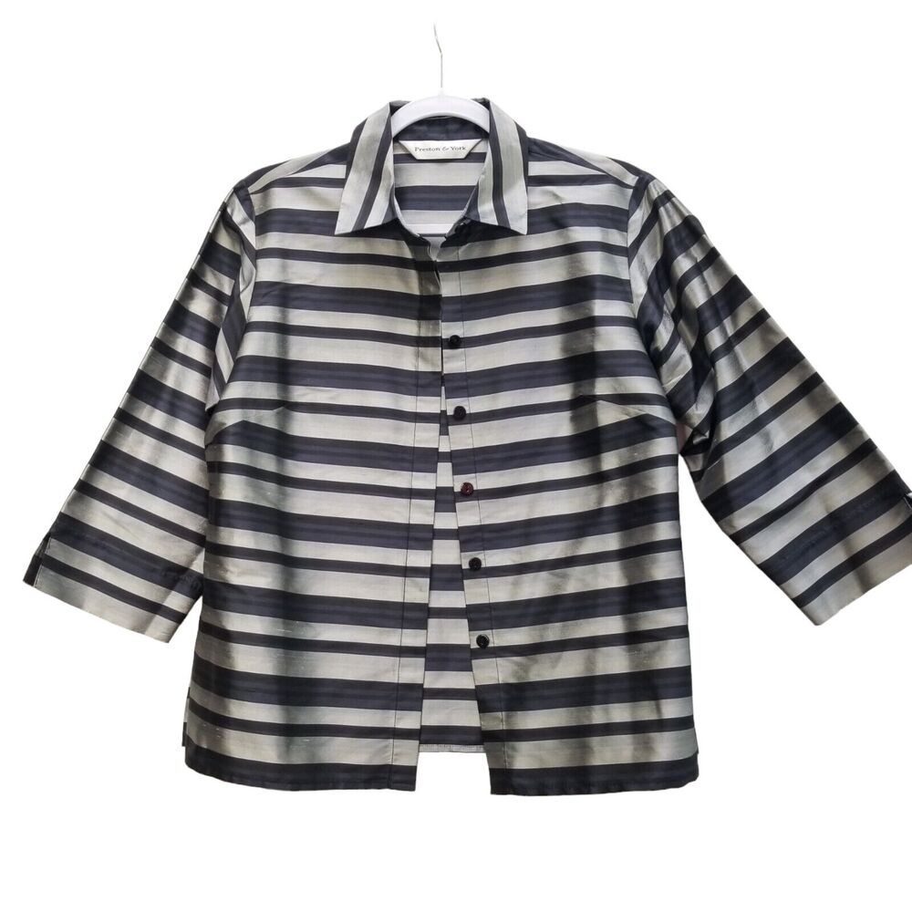 Preston & York Women Silk Boxy 3/4 Sl Collared Striped Silver Black Jacket Sz S